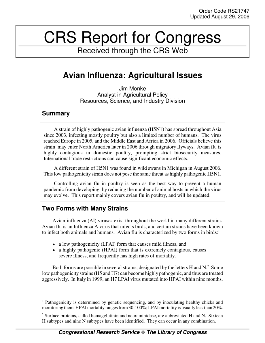 [20060829]RS21747_禽流感：农业问题.pdf_第1页