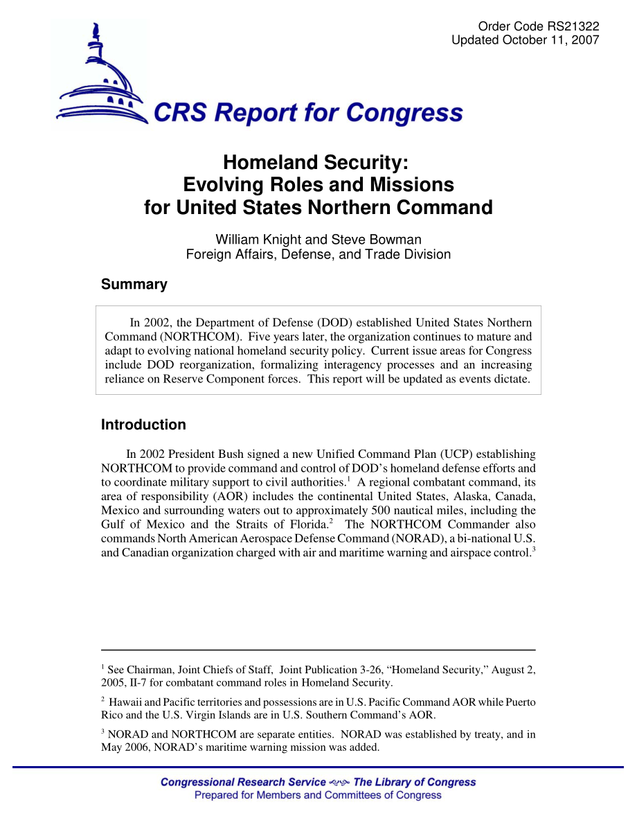 [20071011]RS21322_国土安全部：美国北方司令部角色和任务的演变.pdf_第1页