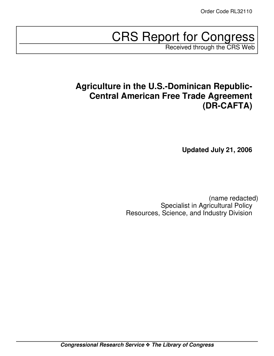 [20060721]RL32110_美国-多米尼加共和国-中美洲自由贸易协定（DR-CAFTA）中的农业.pdf_第1页