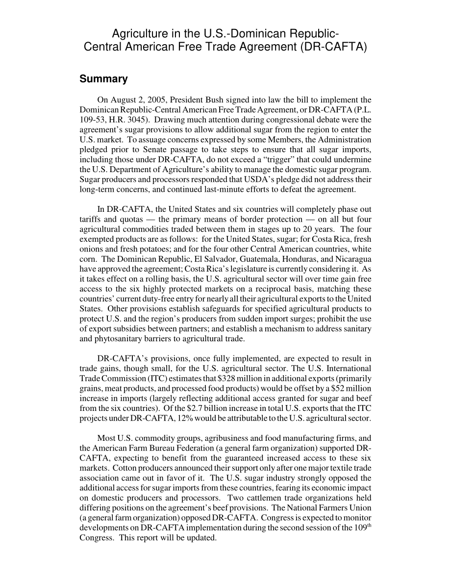 [20060721]RL32110_美国-多米尼加共和国-中美洲自由贸易协定（DR-CAFTA）中的农业.pdf_第2页