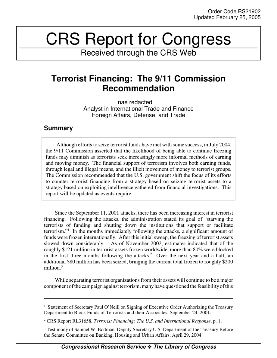 [20050225]RS21902_恐怖主义融资：9·11委员会的建议.pdf_第1页