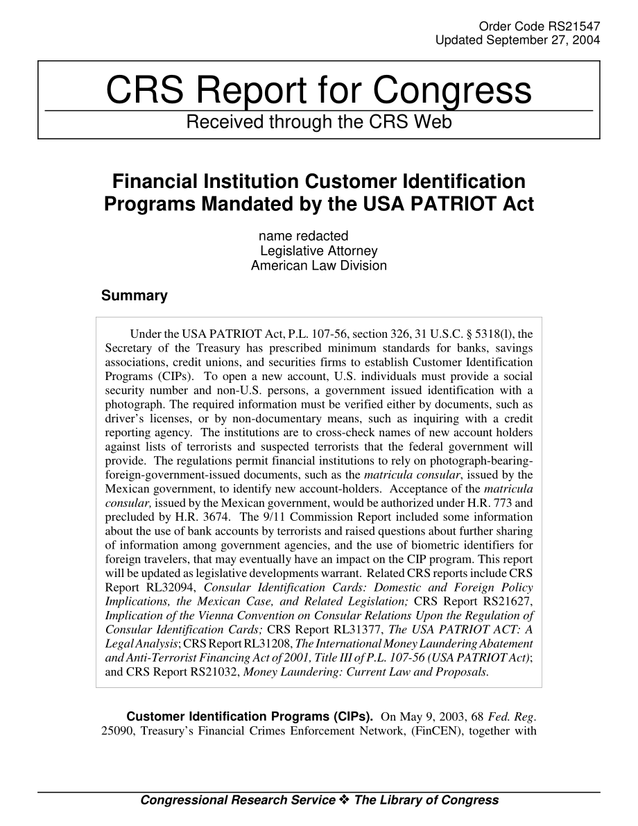 [20040927]RS21547_《美国爱国者法案》规定的金融机构客户识别计划.pdf_第1页