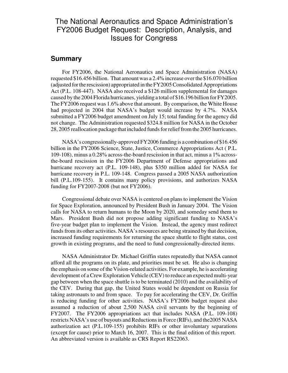 [20060124]RL32988_美国国家航空航天局2006财年预算要求：国会的说明、分析和议题.pdf_第2页