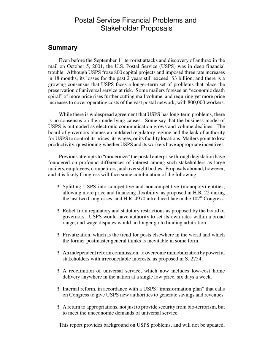 [20020911]RL31069_邮政服务财务问题和利益相关者建议.pdf_第2页