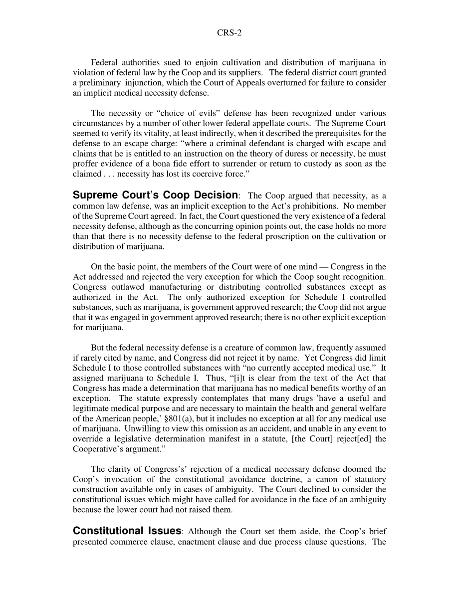 [20050614]RS20998_医用大麻：美国最高法院对美国诉奥克兰大麻买家合作社案的裁决及相关法律问题一瞥.pdf_第2页
