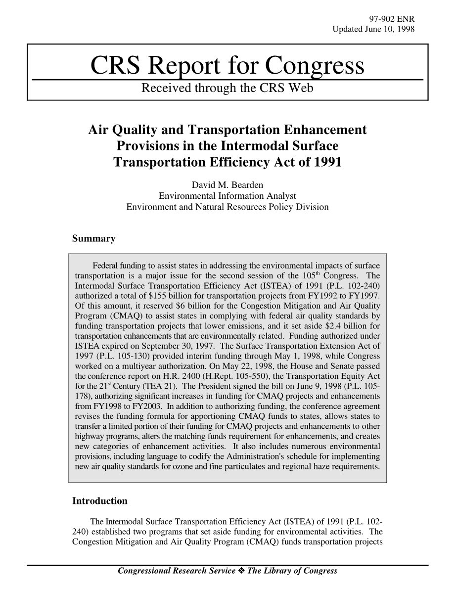 [19980610]97-902ENR_Air Quality and Transportation Enhancement Provisions in the Intermodal Surface Transportation Efficiency Act of 1991.pdf_第1页