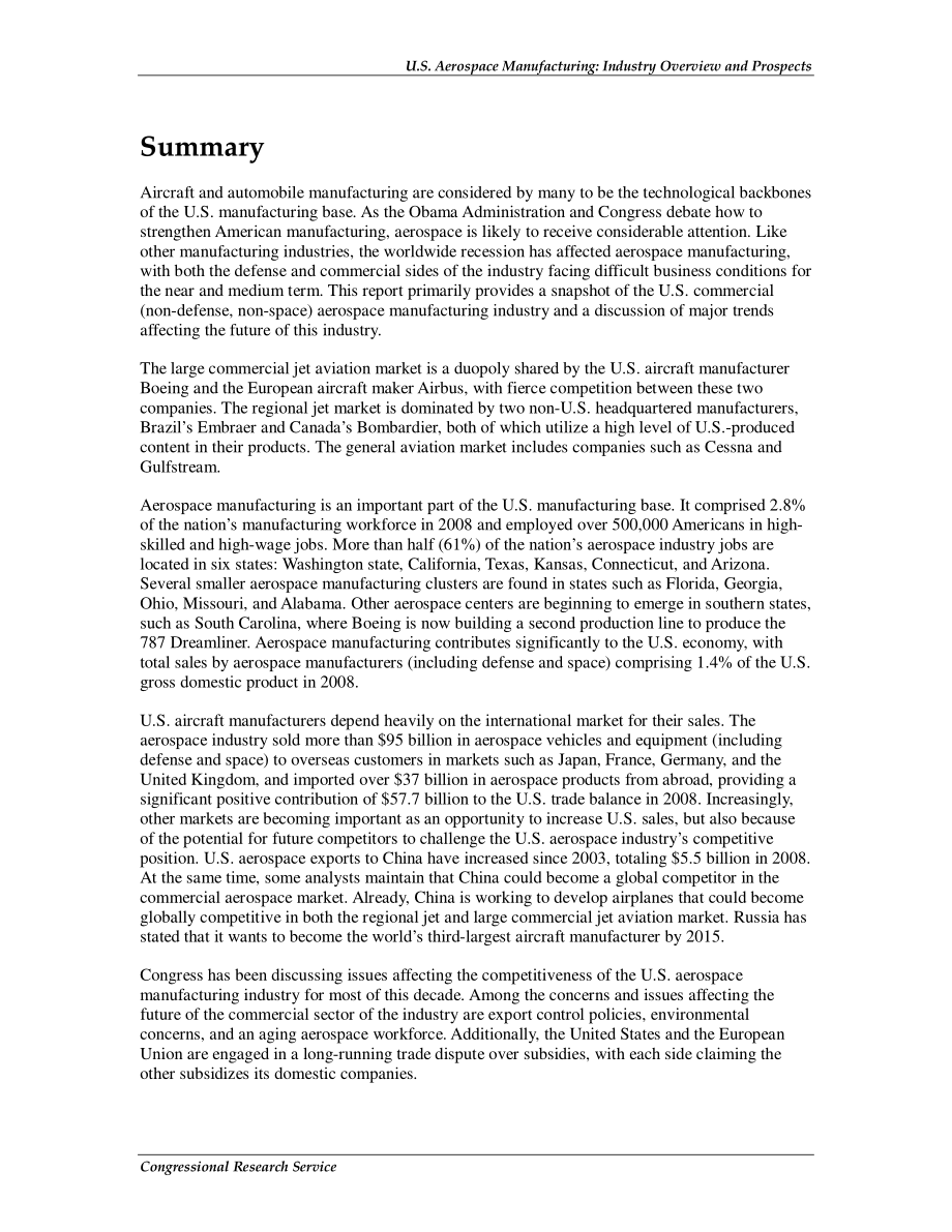 [20091203]R40967_美国航空航天制造业：行业概况和前景.pdf_第2页