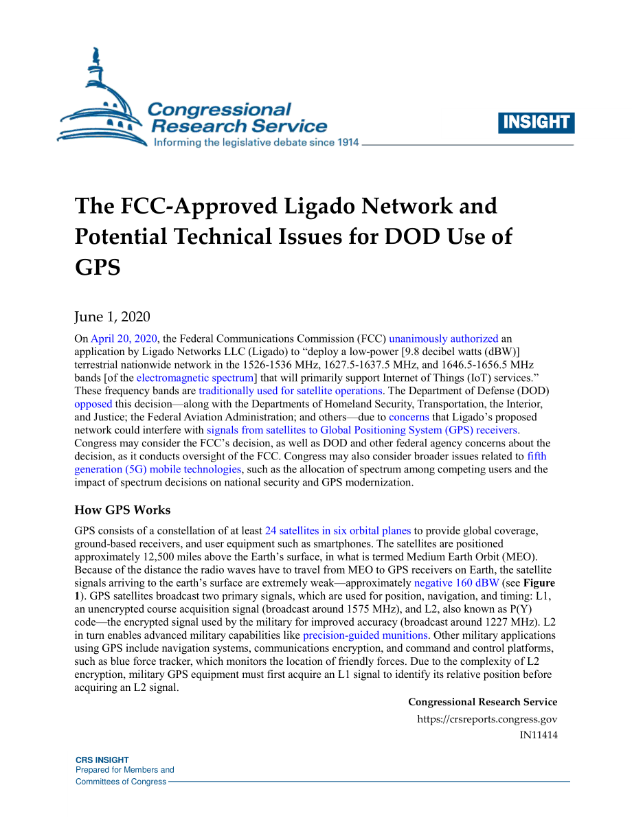 [20200601]IN11414_FCC批准的Ligado网络和国防部使用GPS的潜在技术问题.pdf_第1页