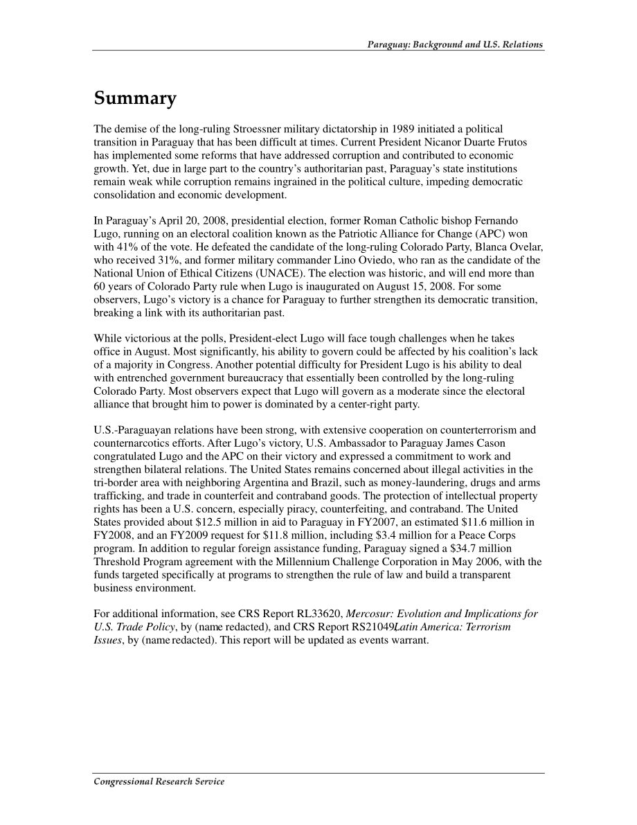 [20080507]RL34180_巴拉圭：背景和美国关系.pdf_第2页