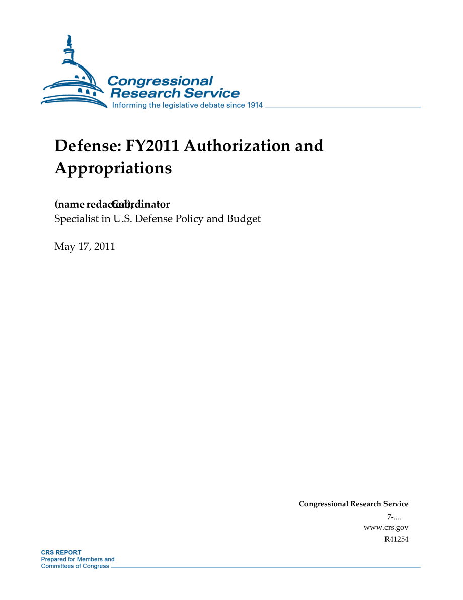 [20110517]R41254_辩护：2011财年授权和拨款.pdf_第1页