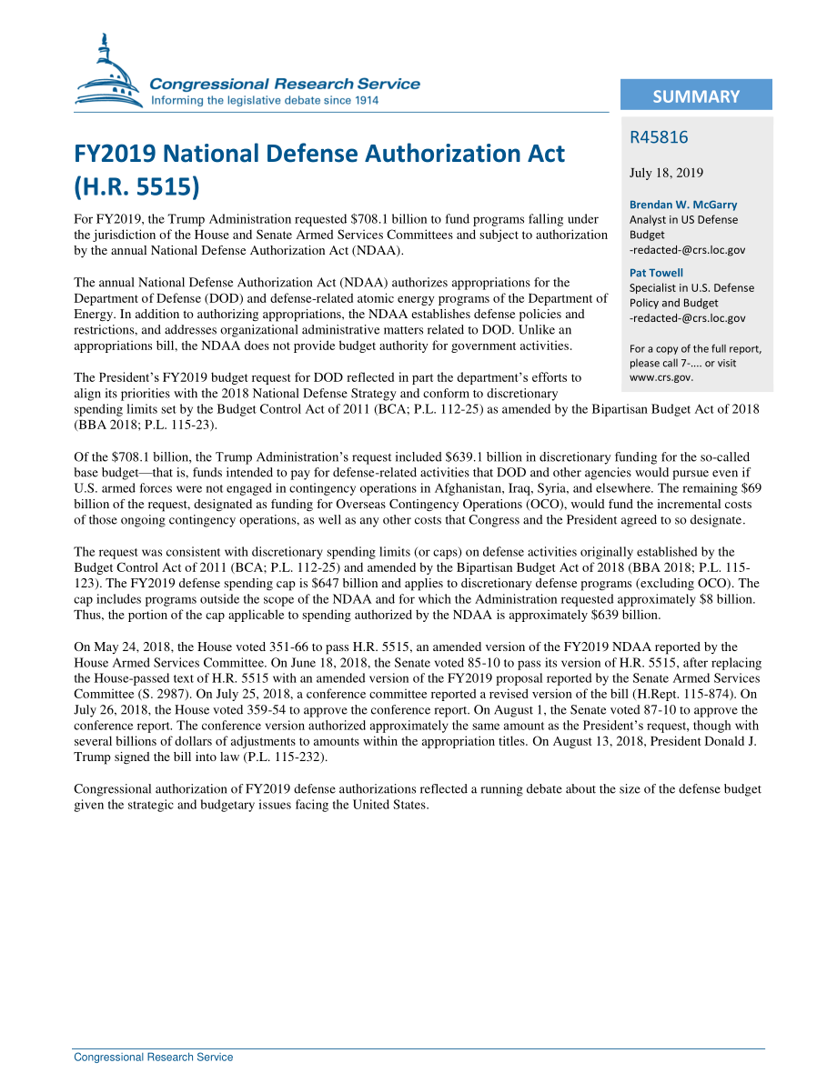 [20190718]R45816_2019财年国防授权法案（H.R.5515).pdf_第2页