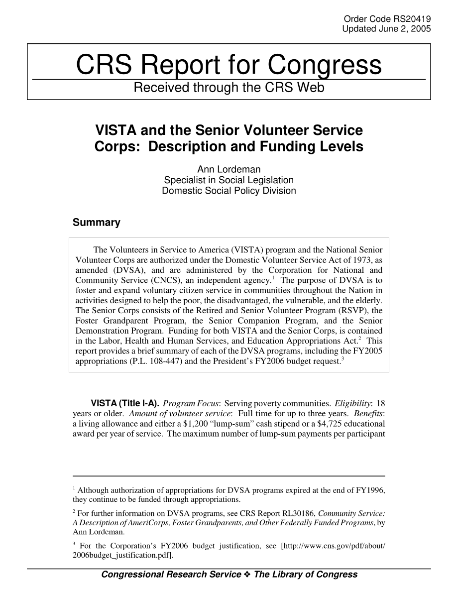 [20050602]RS20419_VISTA和高级志愿服务团：说明和资金水平.pdf_第1页