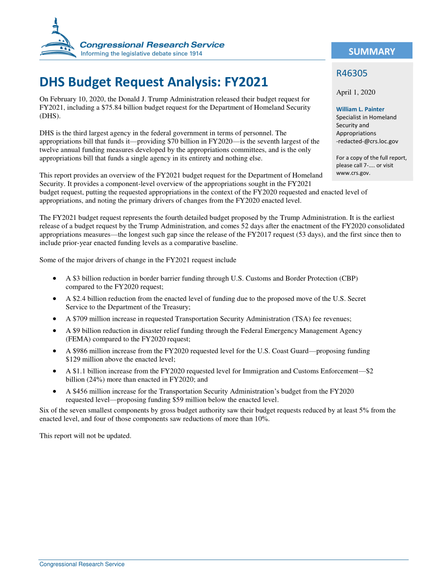[20200401]R46305_DHS预算请求分析：2021财年.pdf_第2页