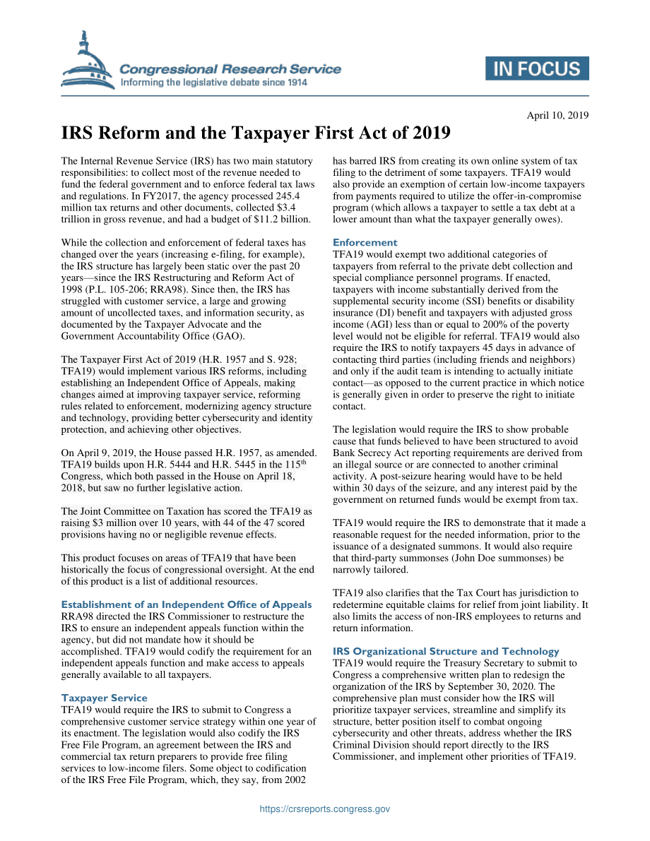 [20190410]IF11176_美国国税局改革和2019年纳税人第一法案.pdf_第1页