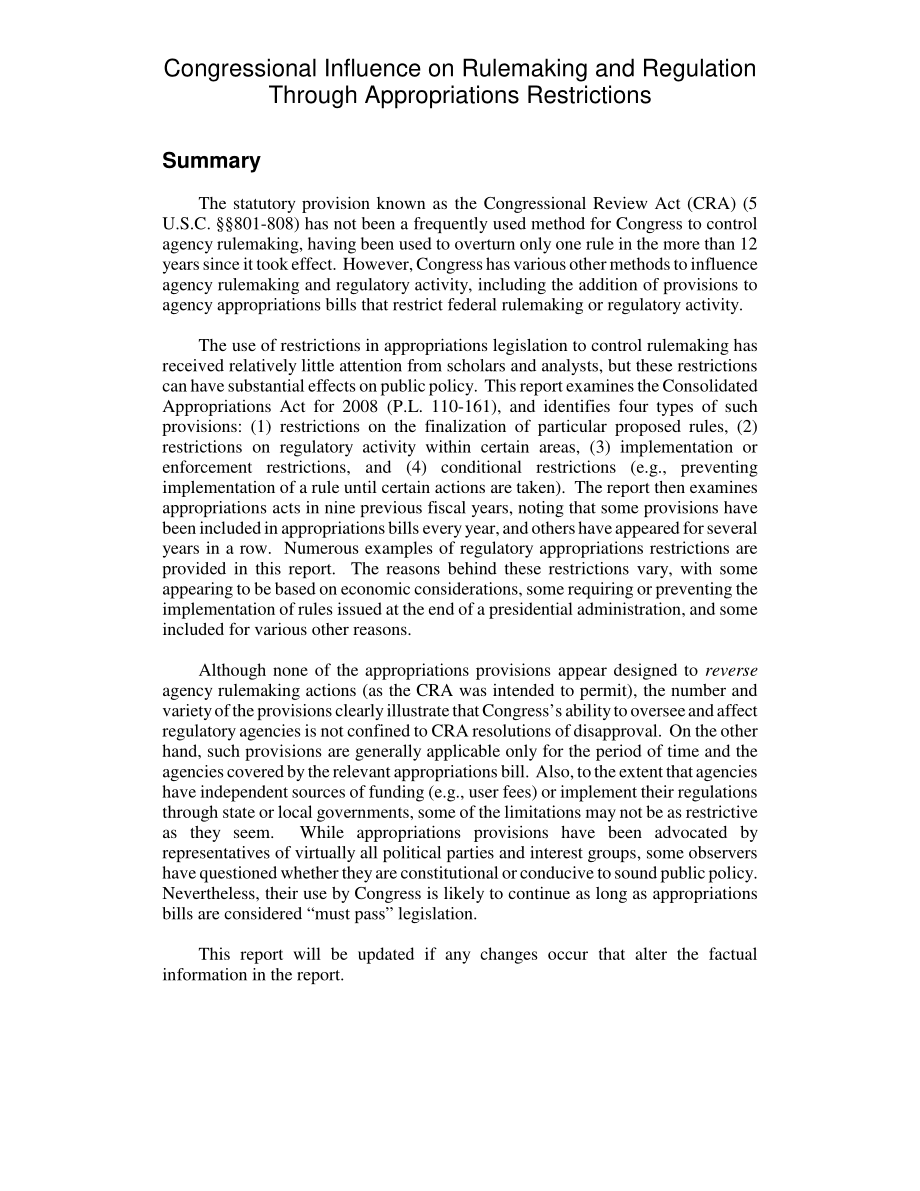 [20080805]RL34354_国会通过拨款限制对规则制定和监管的影响.pdf_第2页