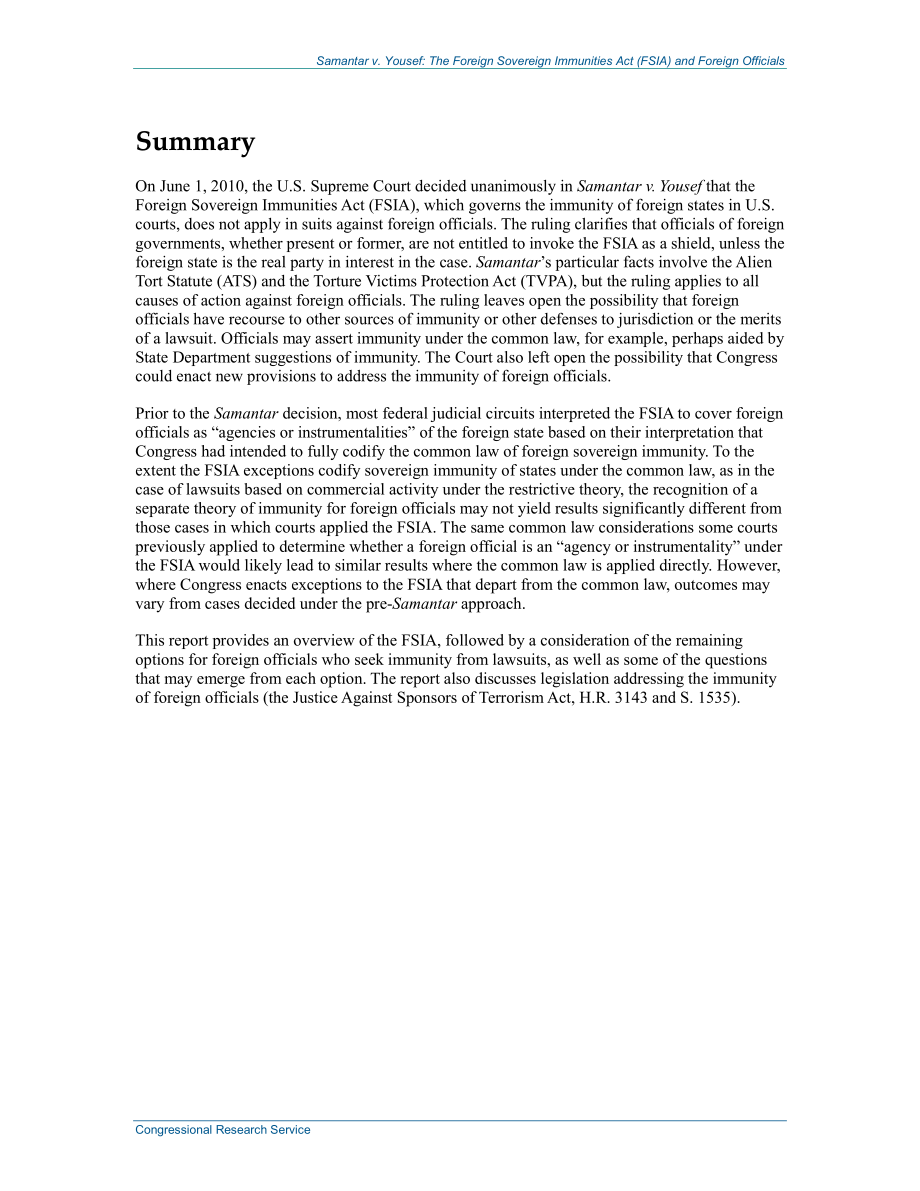 [20131216]R41379_Samantar诉Yousef案：《外国主权豁免法》（FSIA）和外国官员.pdf_第2页