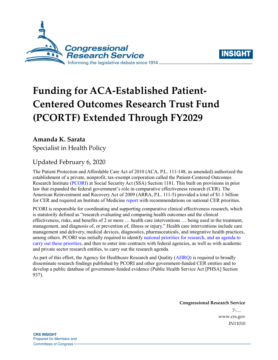 [20200206]IN11010_ACA设立的以患者为中心的成果研究信托基金（PCORTF）的资金延长至2029财年.pdf_第1页
