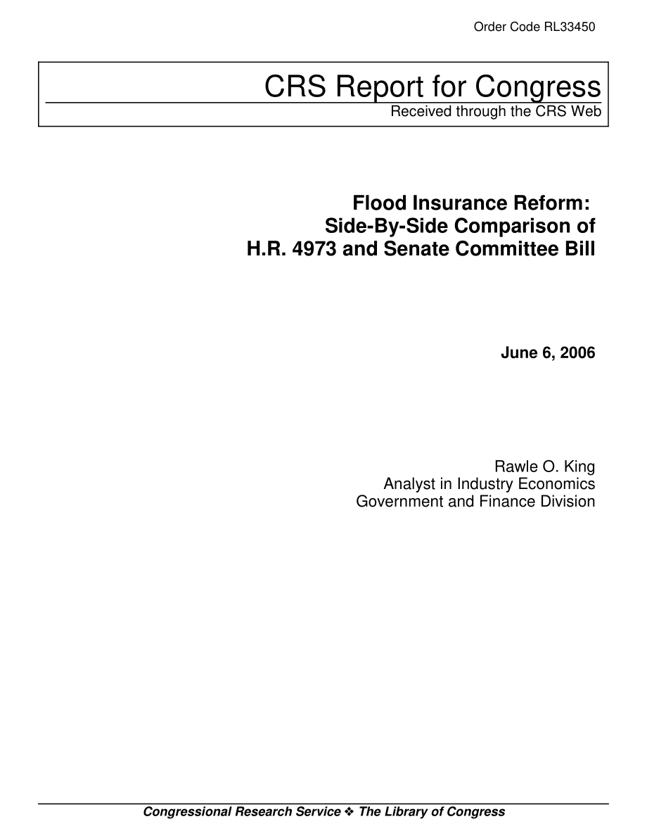 [20060606]RL33450_洪水保险改革：H.R.的并列比较4973和参议院委员会法案.pdf_第1页