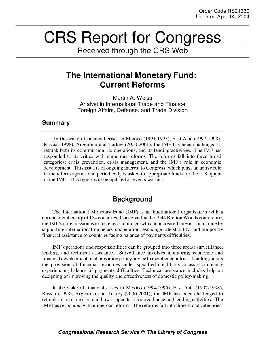 [20040414]RS21330_国际货币基金组织：当前的改革.pdf_第1页