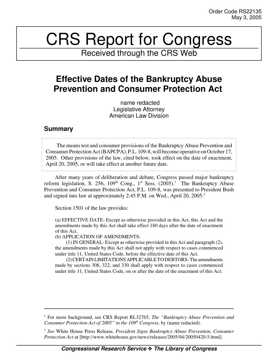 [20050503]RS22135_《防止破产滥用和消费者保护法》的生效日期.pdf_第1页