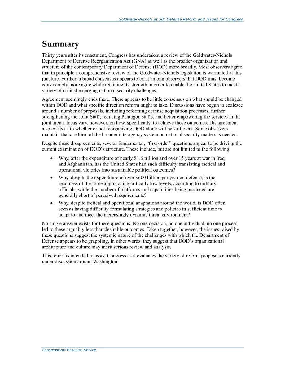 [20160602]R44474_Goldwater Nichols 30岁：国防改革和国会面临的问题.pdf_第2页