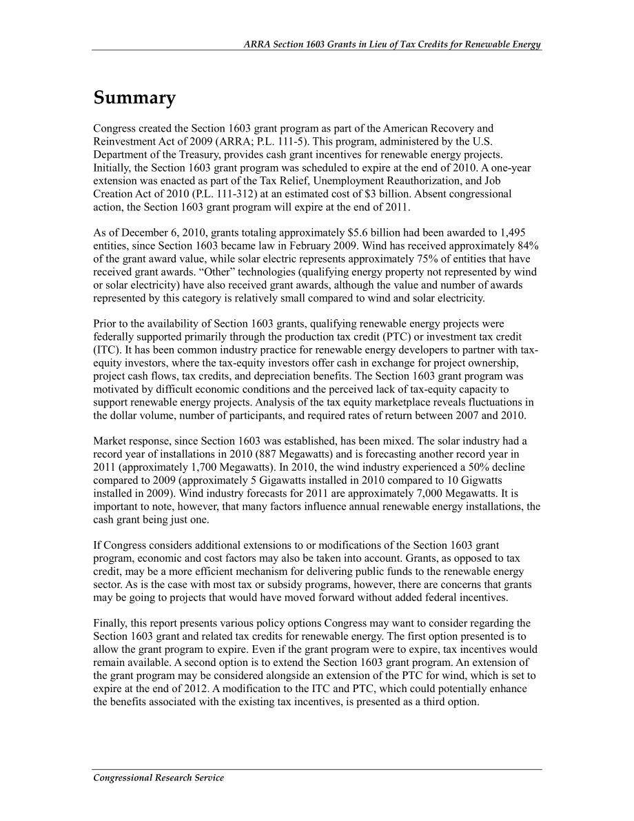 [20111109]R41635_ARRA第1603节授予可再生能源替代税收抵免：概述、分析和政策选项.pdf_第2页