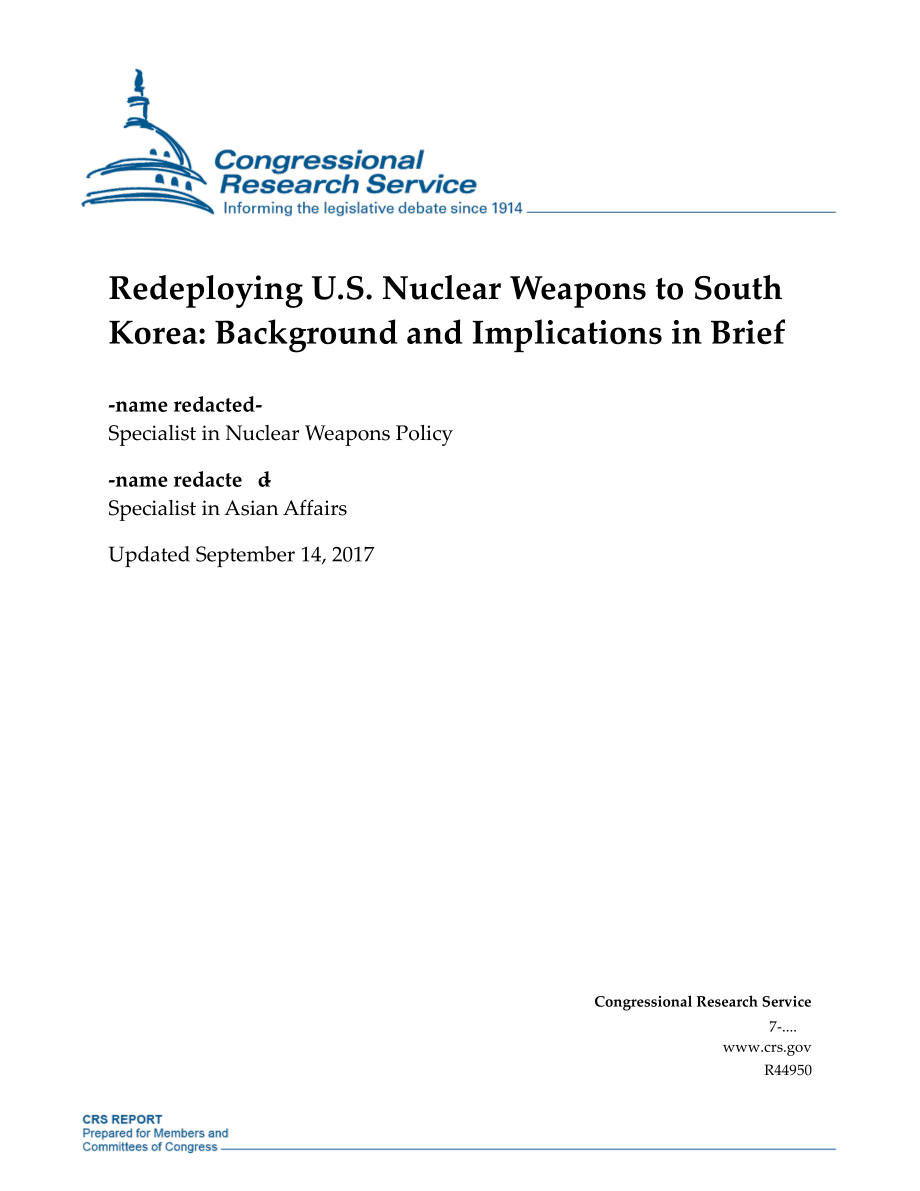 [20170914]R44950_将美国核武器重新部署到韩国：简要介绍背景和影响.pdf_第1页