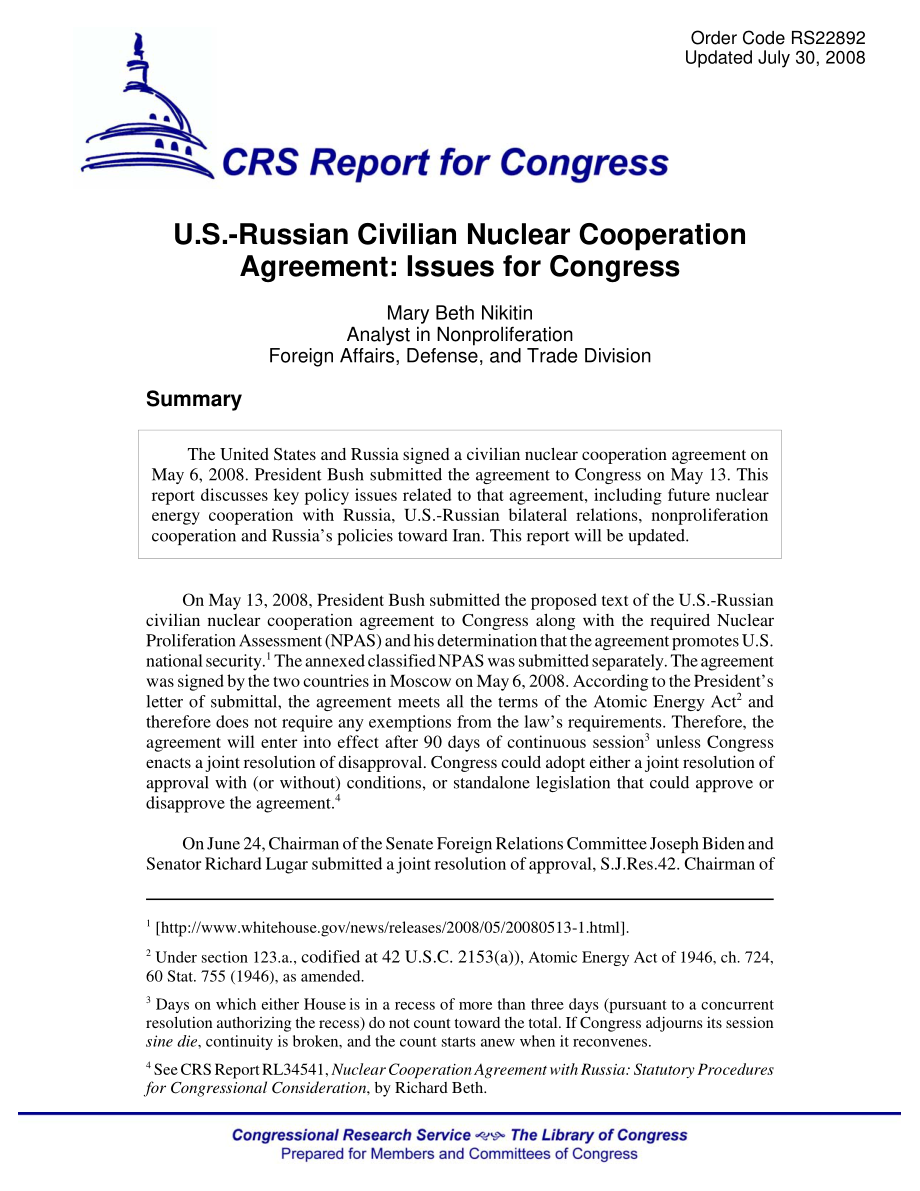 [20080730]RS22892_美俄民用核合作协议：国会议题.pdf_第1页