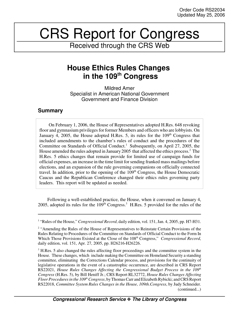 [20060525]RS22034_第109届国会众议院道德规则的变化.pdf_第1页