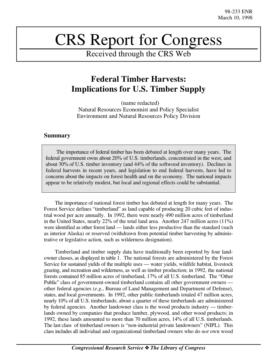 [19980310]98-233_联邦木材收成：对美国木材供应的影响.pdf_第1页