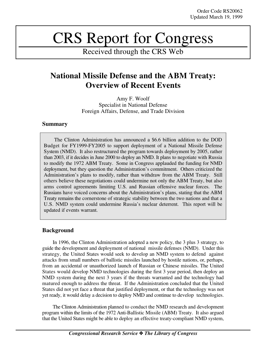 [19990319]RS20062_国家导弹防御系统和反导条约：近期事件概述.pdf_第1页