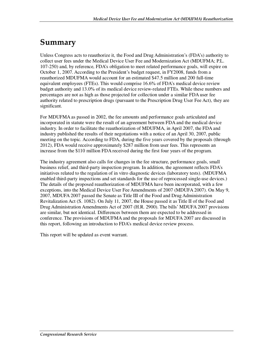 [20070712]RL33981_医疗设备用户费用和现代化法案（MDUFMA）重新授权.pdf_第2页
