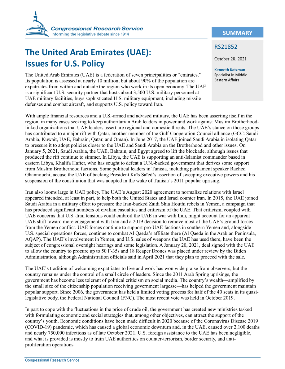 [20211028]RS21852_阿拉伯联合酋长国（UAE）：美国政策问题.pdf_第2页