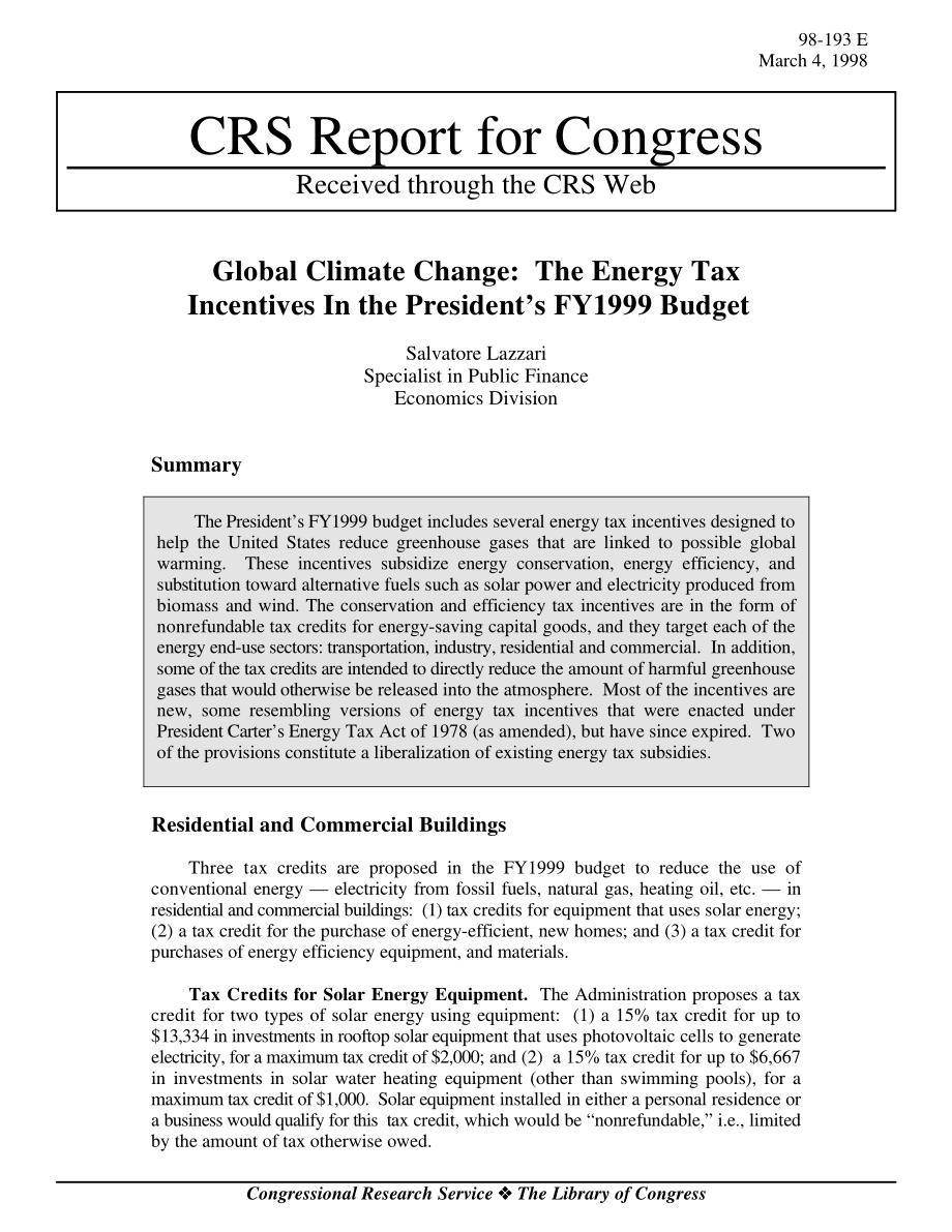 [19980304]98-193E_全球气候变化：总统1999财年预算中的能源税激励措施.pdf_第1页