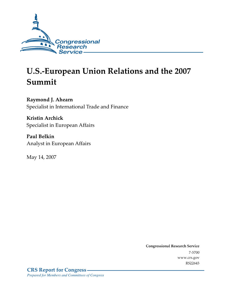 [20070514]RS22645_美欧关系与2007年峰会.pdf_第1页
