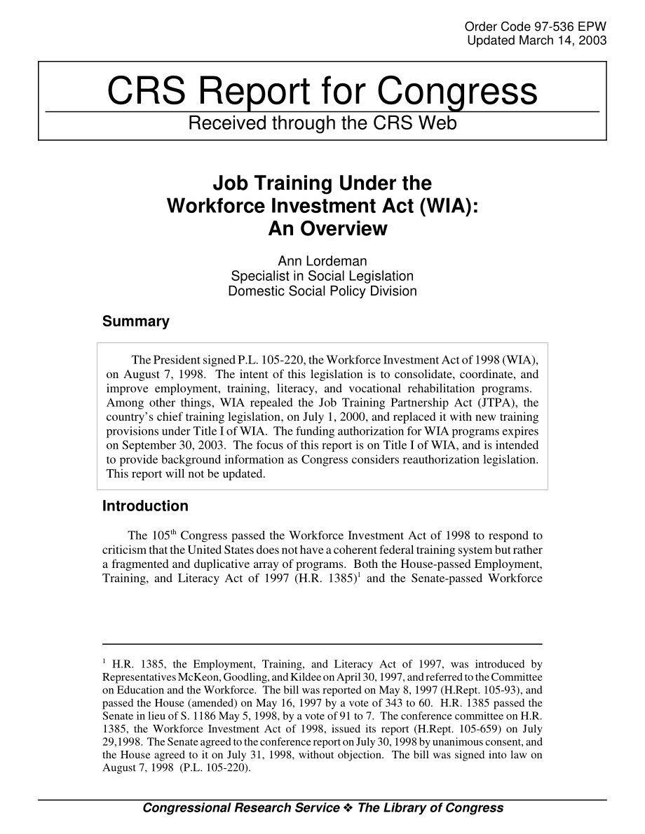 [20030314]97-536_《劳动力投资法》（WIA）规定的职业培训：概述.pdf_第1页