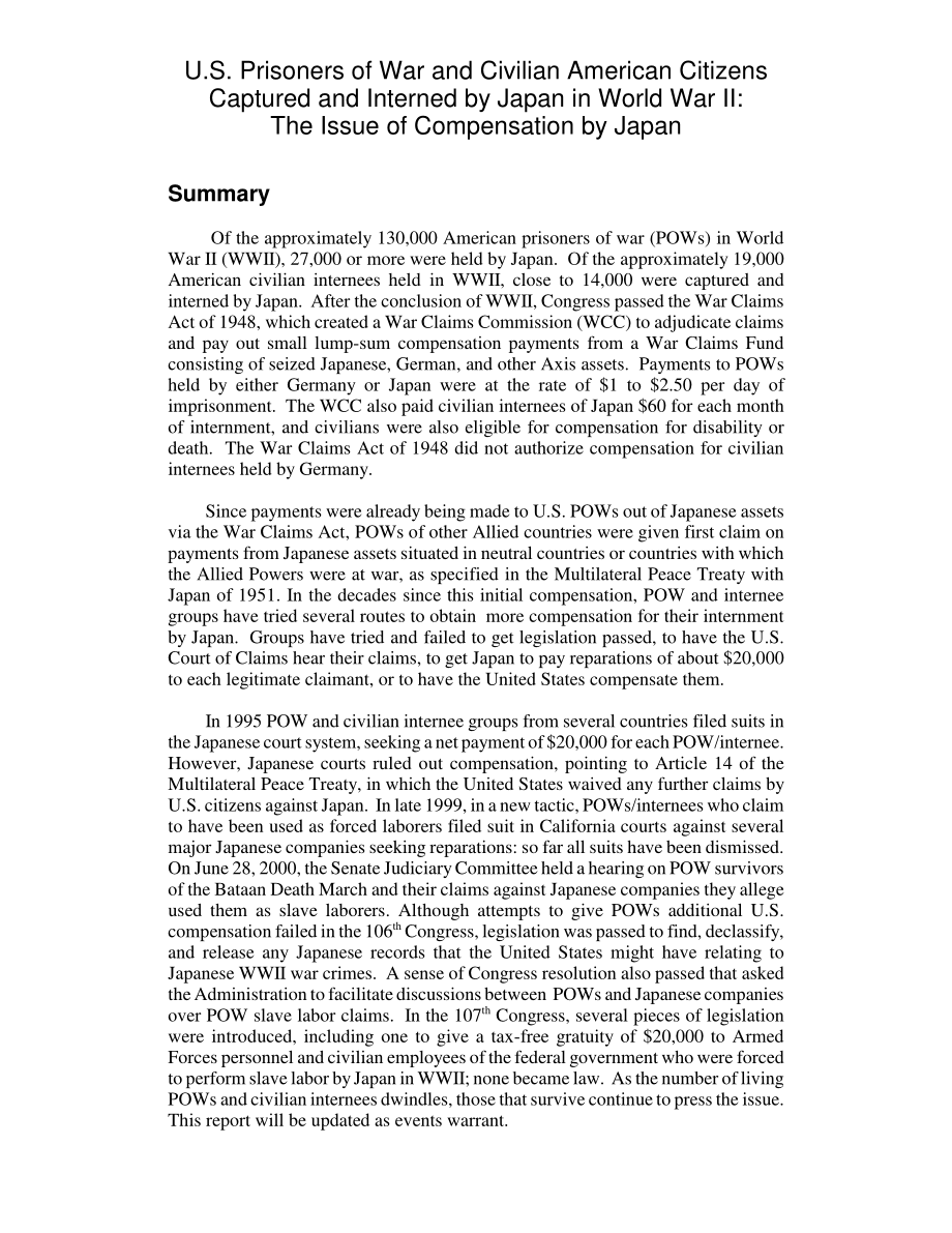 [20021217]RL30606_第二次世界大战中被日本俘虏和拘留的美国战俘和美国平民：日本的赔偿问题.pdf_第2页