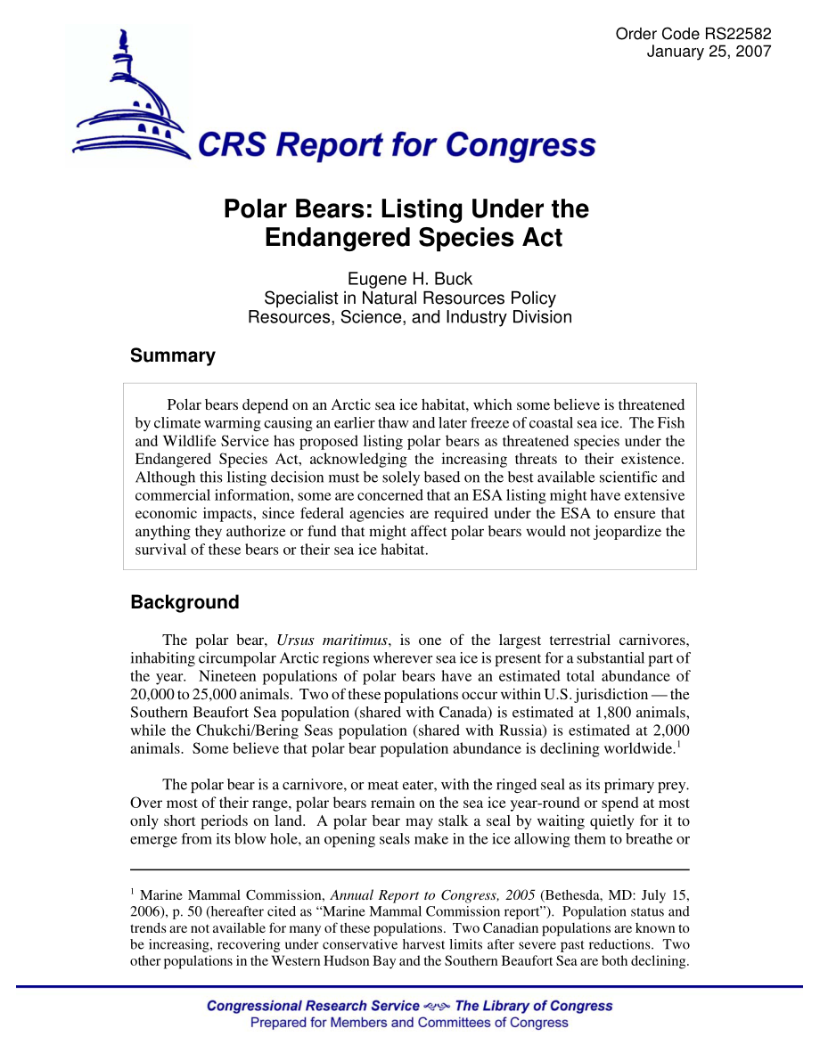 [20070125]RS22582_北极熊：根据《濒危物种法》列入名单.pdf_第1页