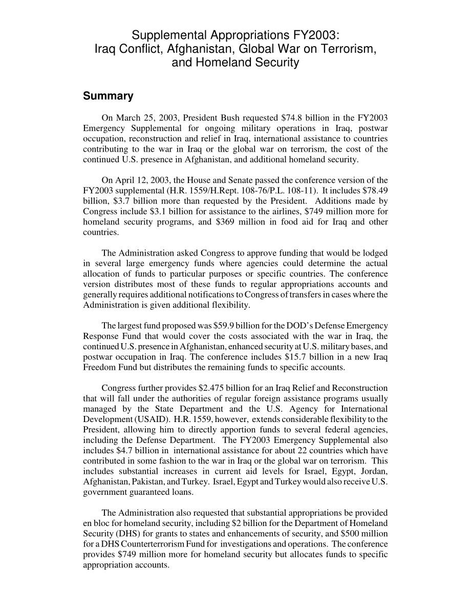 [20030505]RL31829_2003财年追加拨款：伊拉克冲突、阿富汗、全球反恐战争和国土安全.pdf_第2页