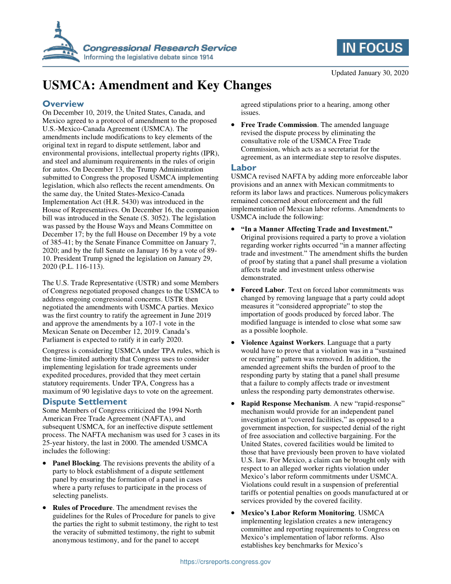 [20200130]IF11391_USMCA：修订和关键变更.pdf_第1页