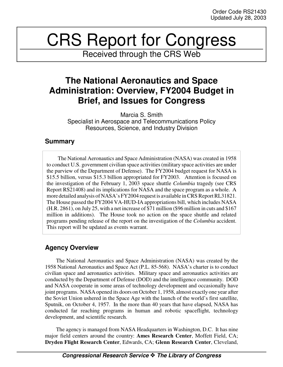 [20030728]RS21430_美国国家航空航天局：概述、2004财年预算概要和国会议题.pdf_第1页