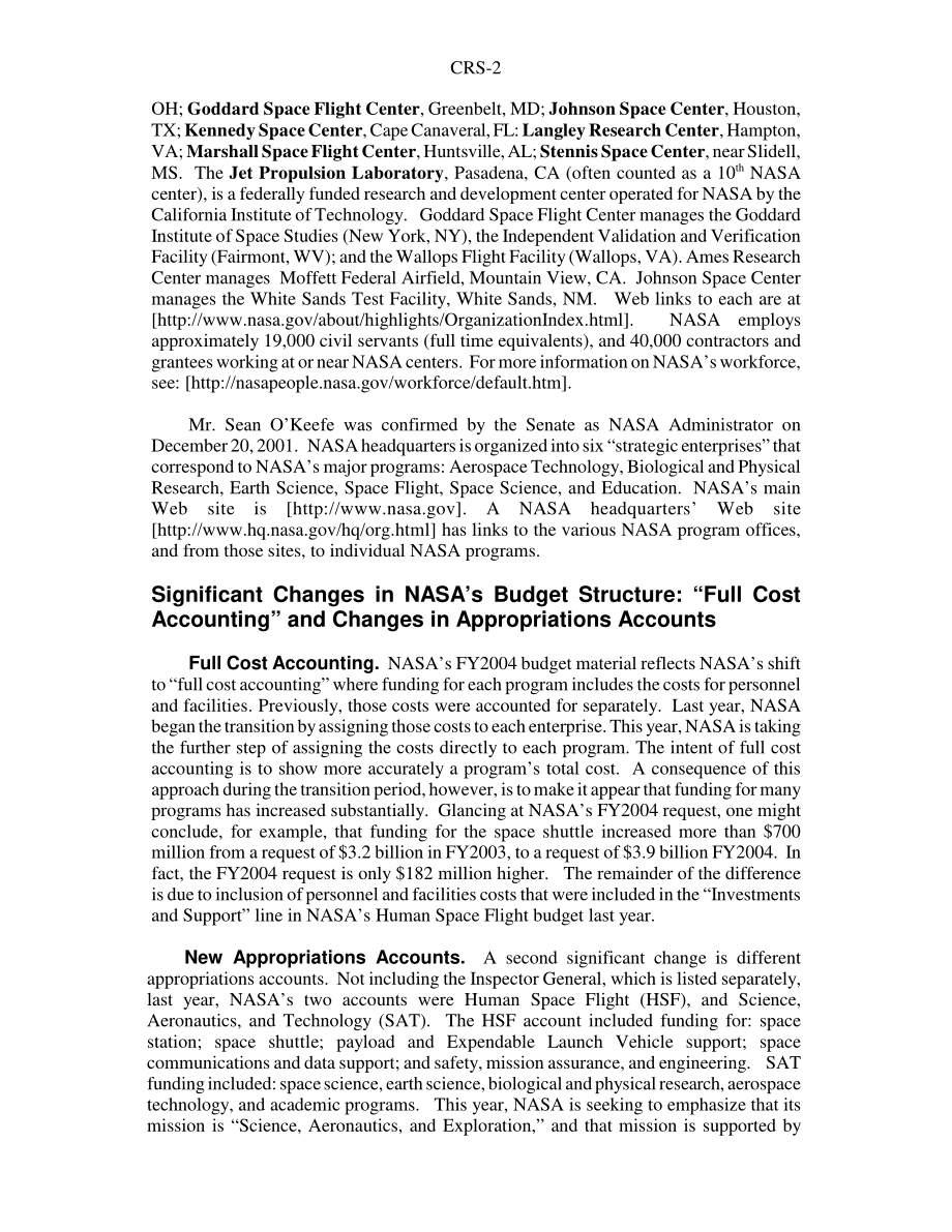 [20030728]RS21430_美国国家航空航天局：概述、2004财年预算概要和国会议题.pdf_第2页