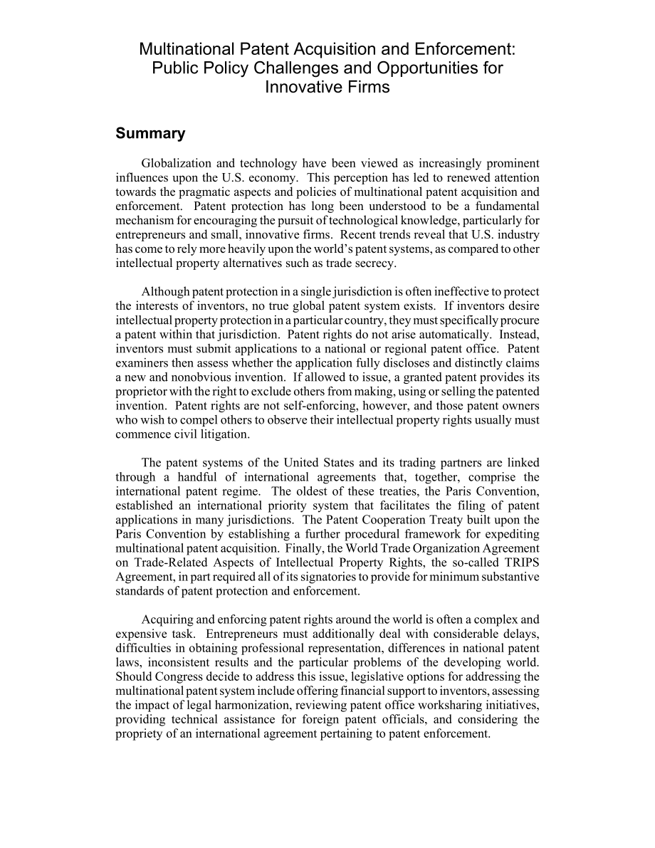 [20010831]RL31132_跨国专利获取和实施：创新企业面临的公共政策挑战和机遇.pdf_第2页