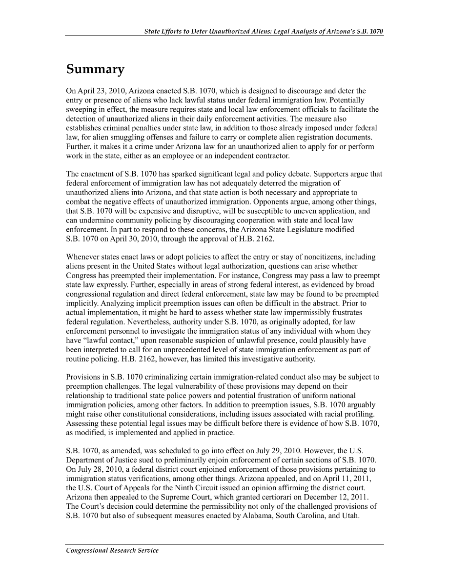 [20111223]R41221_国家努力阻止未经授权的外国人：亚利桑那州s.B.的法律分析1070.pdf_第2页