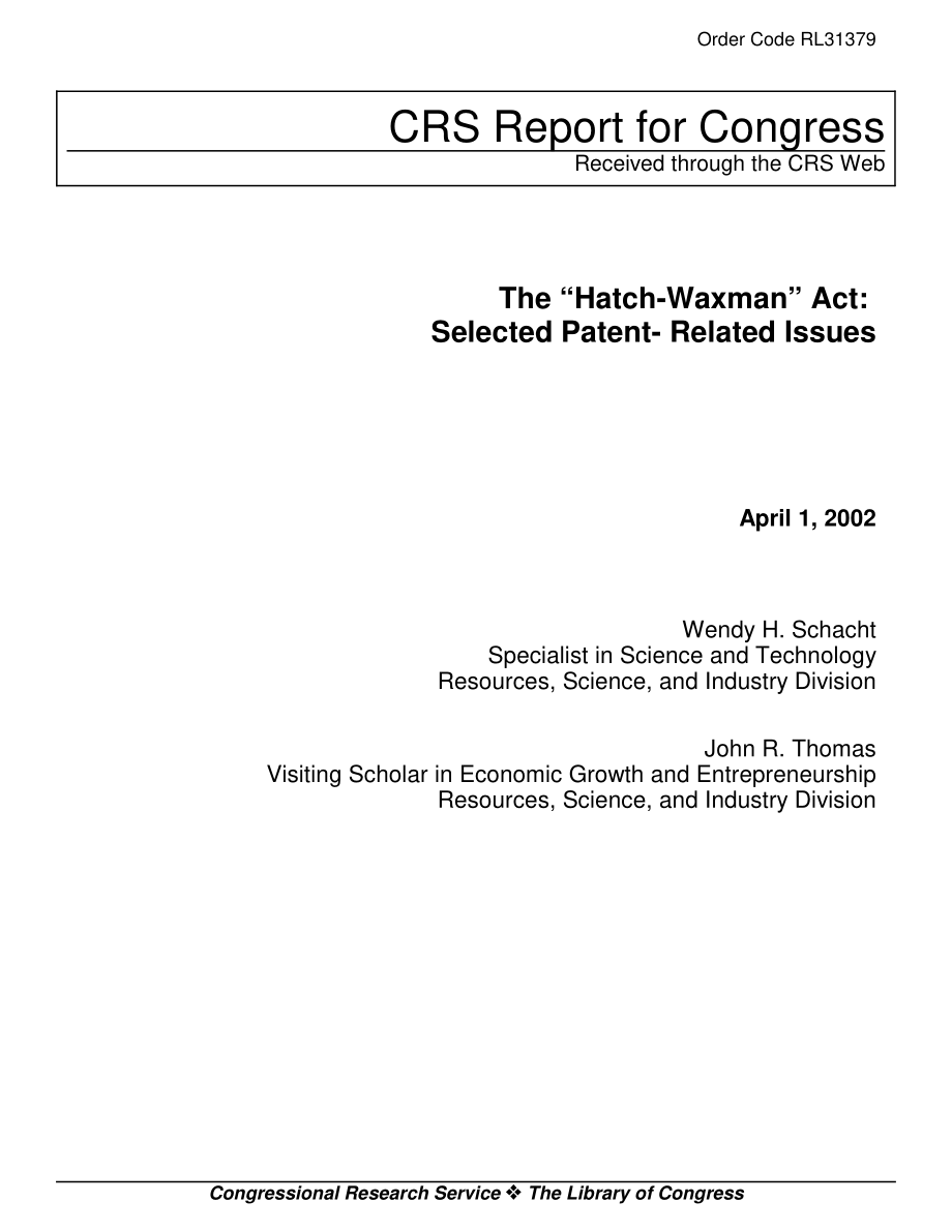 [20020401]RL31379_《哈奇·瓦克斯曼法案》：选定的专利相关问题.pdf_第1页