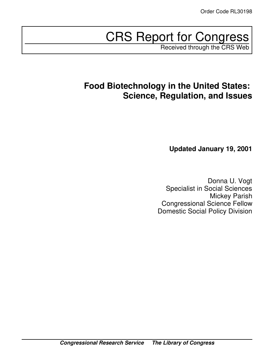 [20010119]RL30198_美国食品生物技术：科学、法规和问题.pdf_第1页
