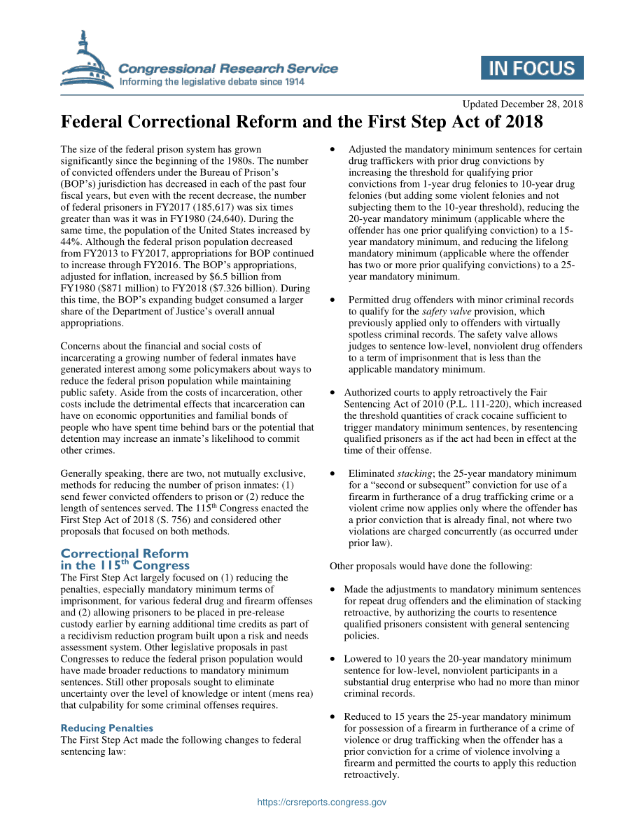 [20181228]IF10573_联邦矫正改革和2018年第一步法案.pdf_第1页