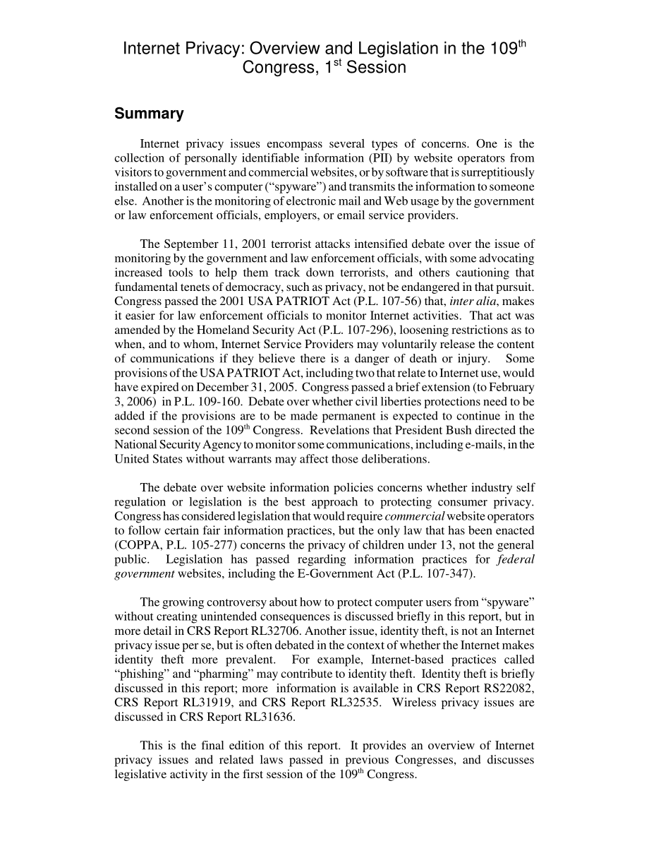 [20060126]RL31408_互联网隐私：第109届国会第一届会议概况和立法.pdf_第2页