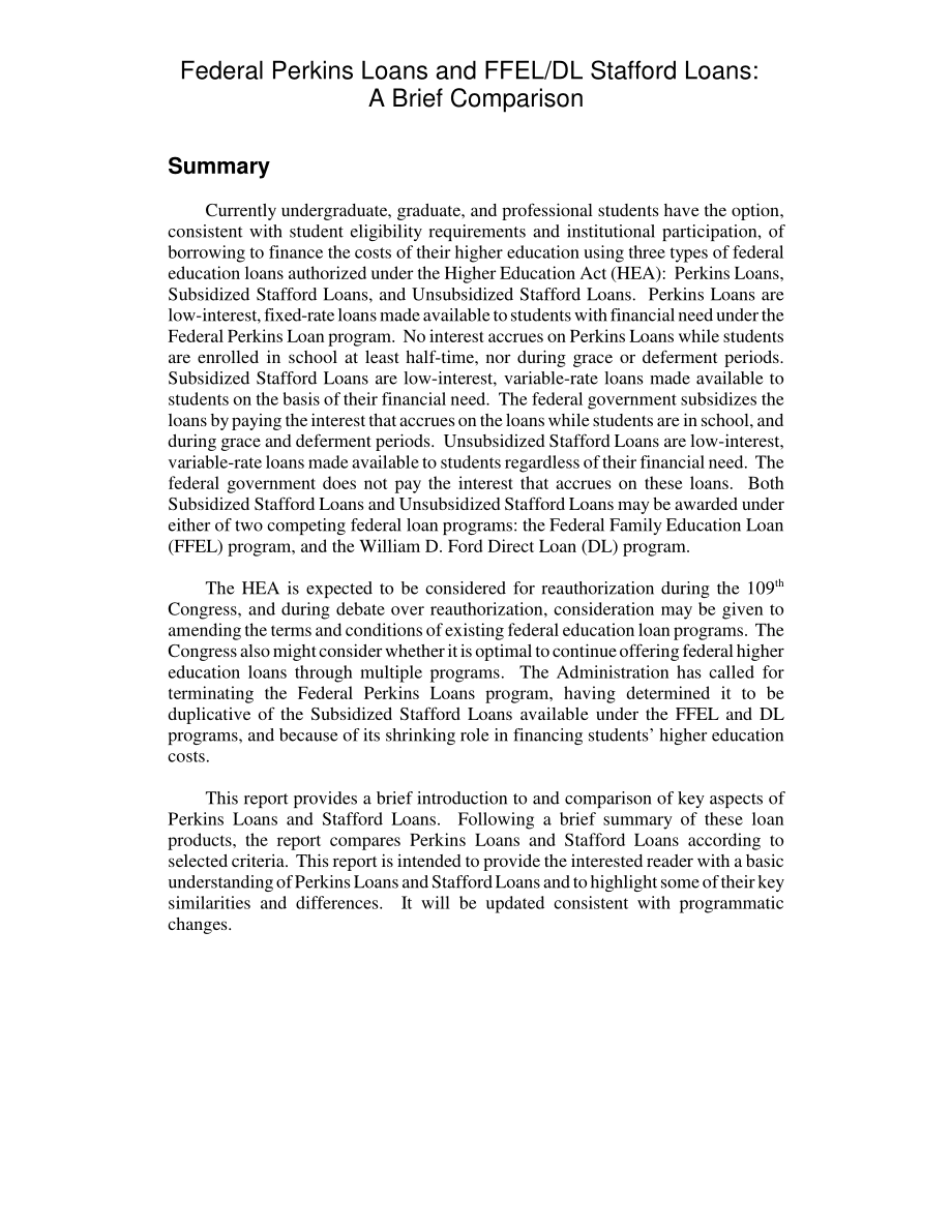 [20050603]RL32854_联邦Perkins贷款和FFELDL Stafford贷款：简单的比较.pdf_第2页