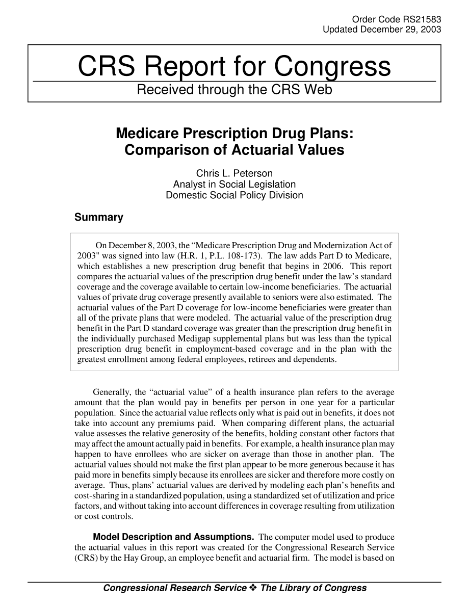 [20031229]RS21583_医疗保险处方药计划：精算价值比较.pdf_第1页
